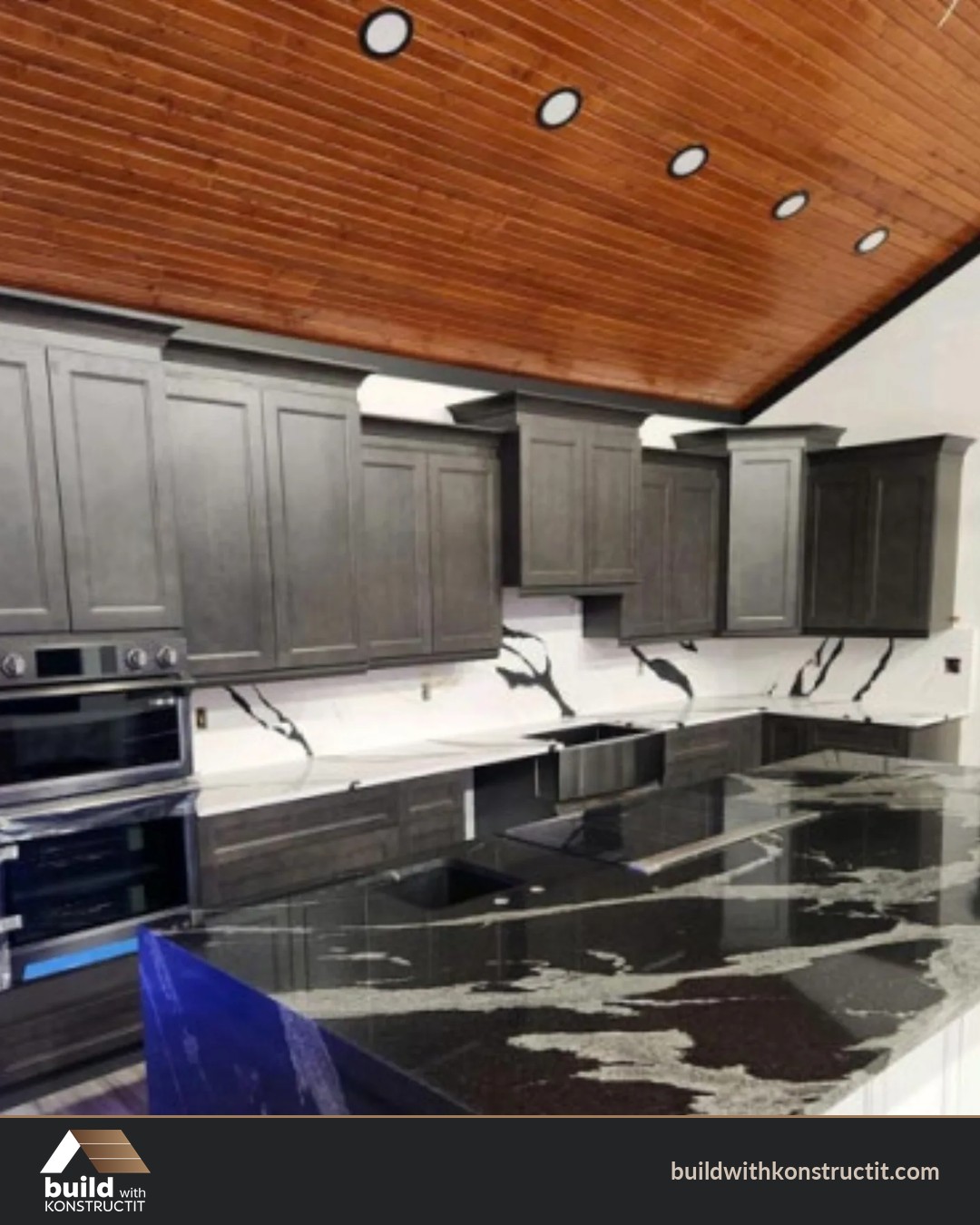 Grey, Black, Marble, and a Wood Ceiling